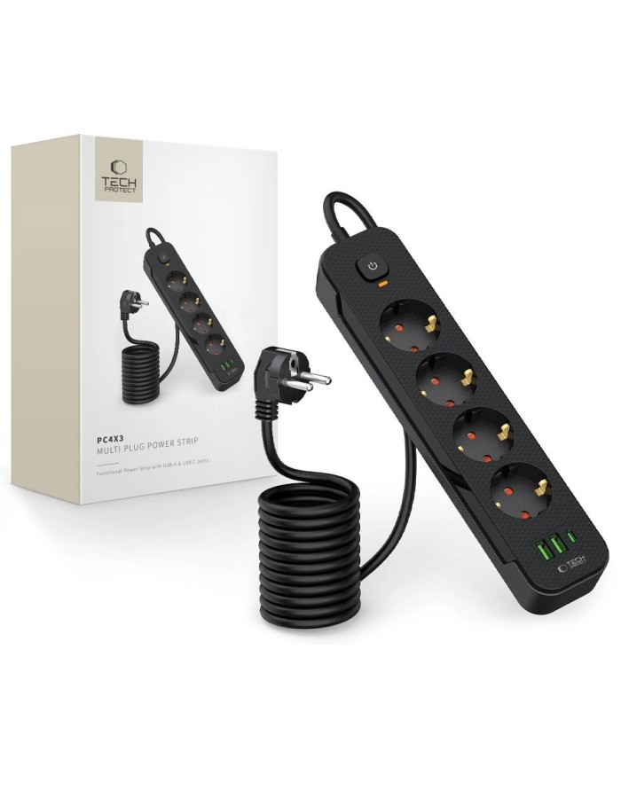 Tech-Protect PCL4X3 Power Strip 4 Sockets 240V + 2xUSB-A + 1xUSB-C 200 cm - Black