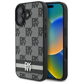 DKNY Checkered Pattern &amp;amp; Printed Stripes iPhone 16 Case - Black