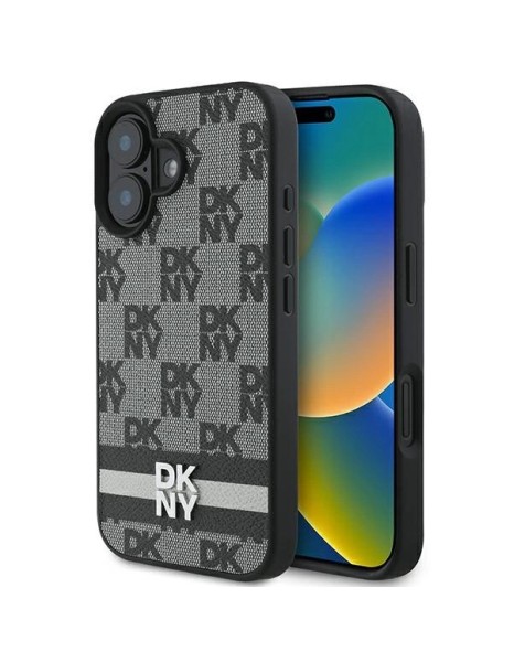 DKNY Checkered Pattern &amp;amp; Printed Stripes iPhone 16 Case - Black