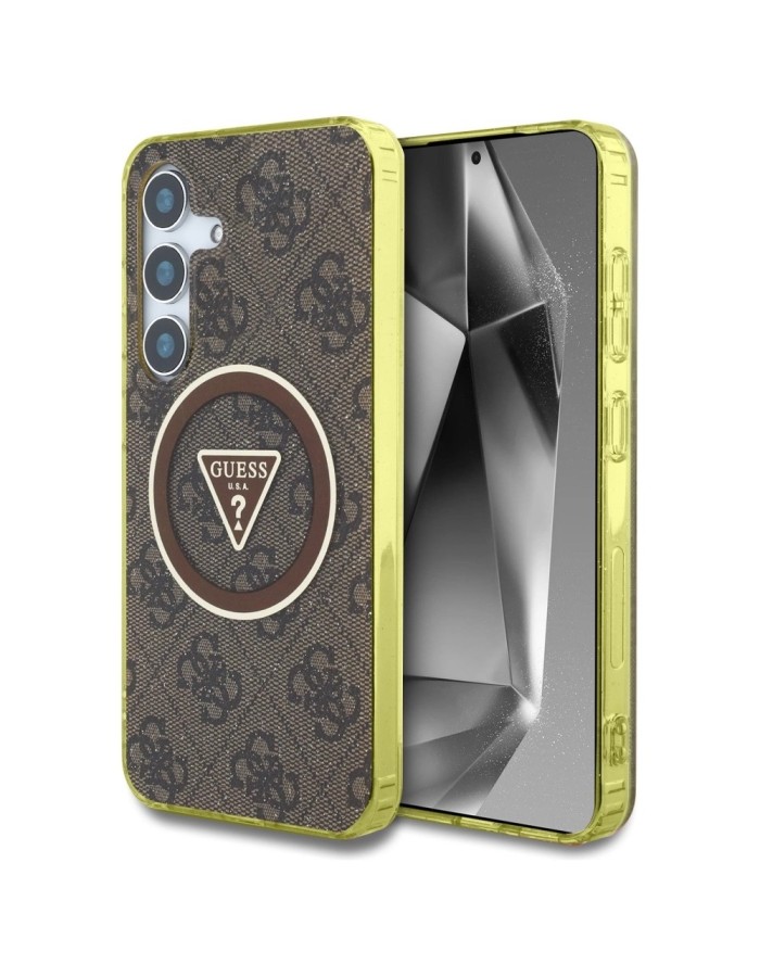 Guess 4G Glitter Triangle Buttons MagSafe Case for Samsung Galaxy S25 Brown
