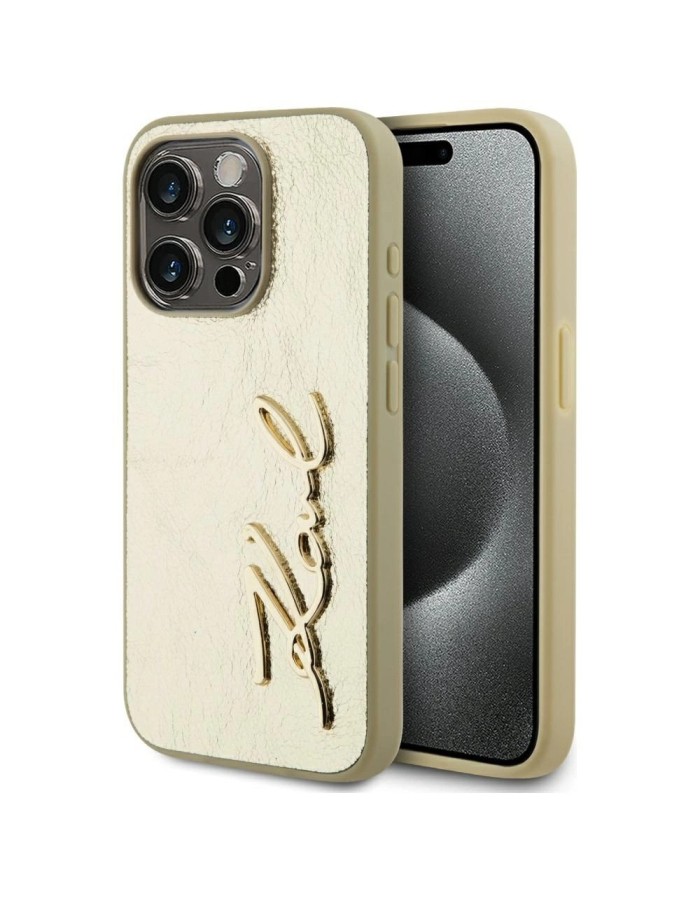 Karl Lagerfeld Wrinkled Metal Signature iPhone 15 Pro Case - Gold