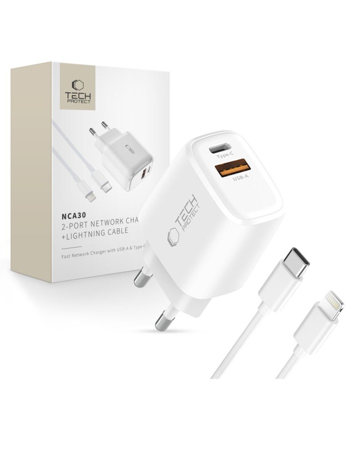 Tech-Protect NCA30 PD 30W QC3.0 USB-A / USB-C Wall Charger + USB-C / Lightning Cable 100cm - White