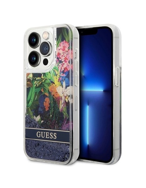 Guess Flower Liquid Glitter case for iPhone 14 Pro Max - blue Guess Flower Liquid Glitter case for iPhone 14 Pro Max - blue