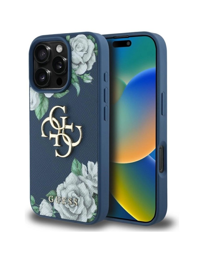 Guess Grained Roses Big 4G logo case for iPhone 16 Pro - blue