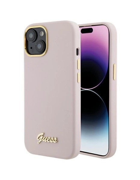 Guess Silicone Script Metal Logo & Frame case for iPhone 15 - pink Guess Silicone Script Metal Logo & Frame case for iPhone 15 - pink