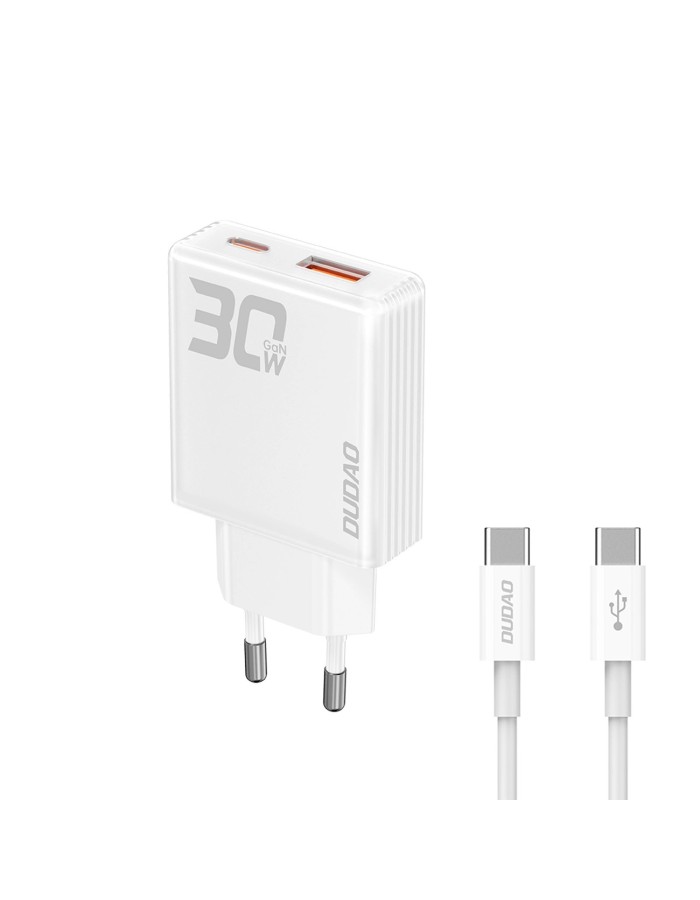 GaN Dudao A30EUT 30W USB-A / USB-C Wall Charger + USB-C - USB-C Cable - White