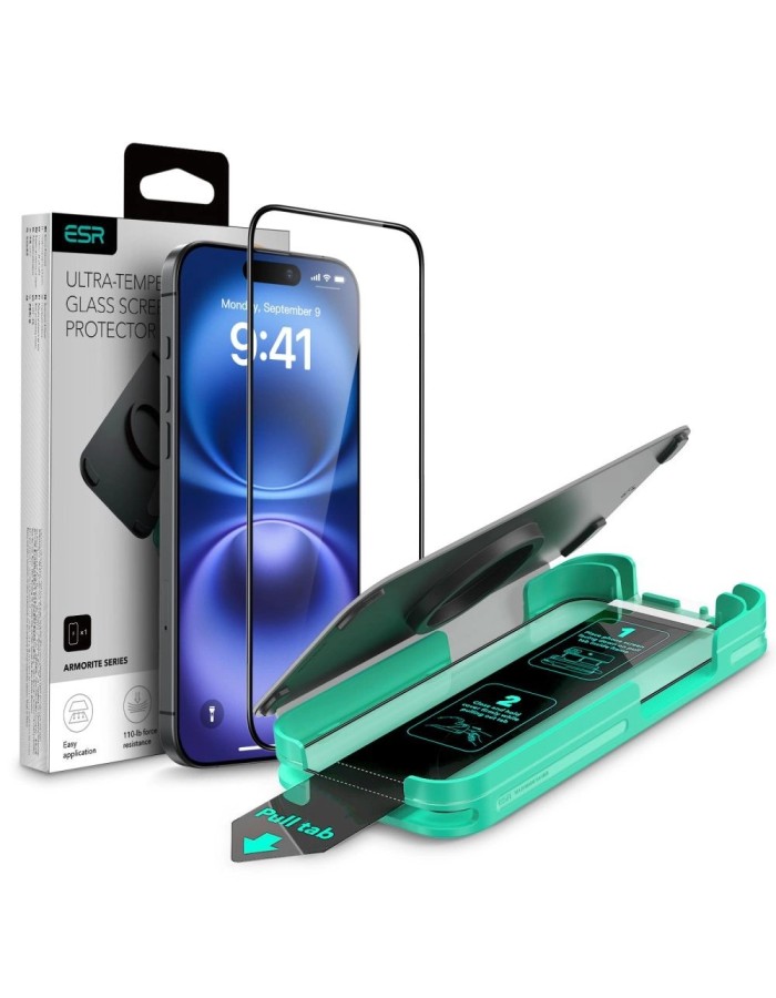 ESR Armorite Tempered Glass for iPhone 16 with Applicator - with Black Frame ESR Armorite Tempered Glass for iPhone 16 with Applicator - with Black Frame