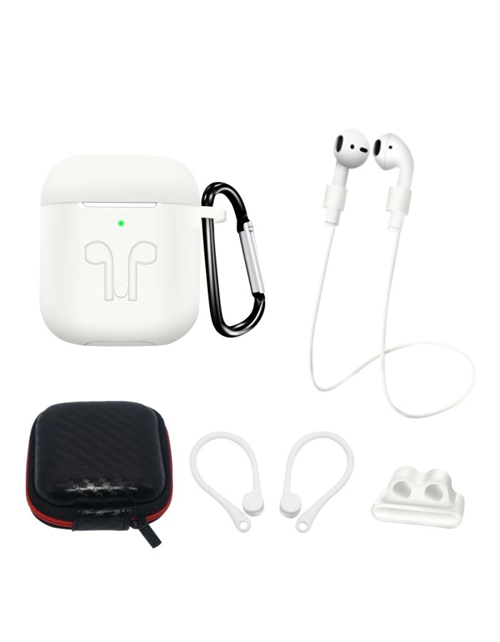 Silicone Case Set for AirPods 2 / AirPods 1 + Case / Ear Hook / Neck Strap / Watch Strap Holder / Carabiner - White