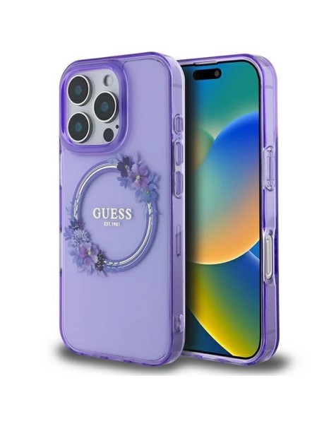 Guess IML Flowers Wreath MagSafe iPhone 16 Pro Case - Purple
