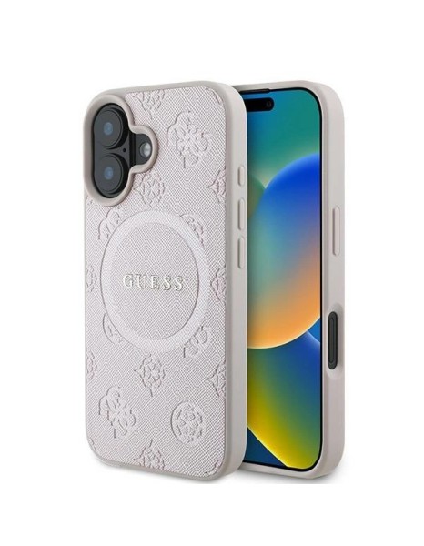 Guess Saffiano Peony Classic Logo MagSafe iPhone 16 Plus Case - Pink Guess Saffiano Peony Classic Logo MagSafe iPhone 16 Plus Case - Pink