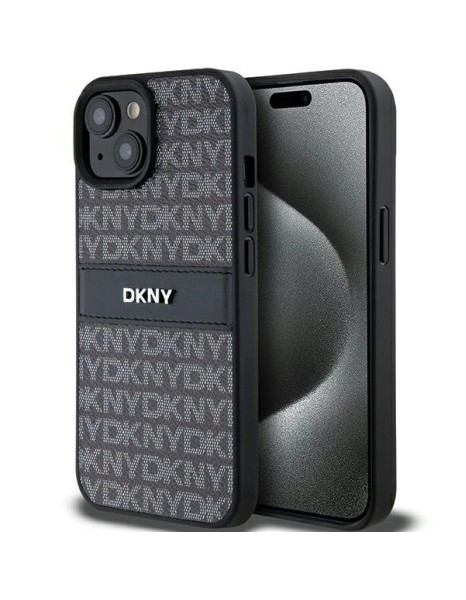 DKNY Leather Mono Stripe &amp;amp; Metal Logo Case for iPhone 15 Plus / 14 Plus - Black