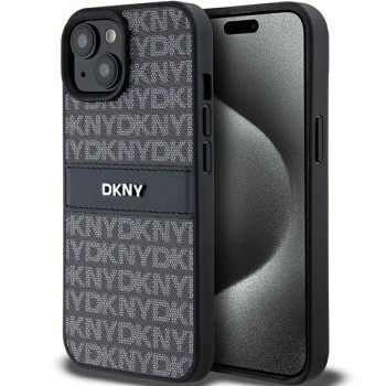 DKNY Leather Mono Stripe &amp;amp; Metal Logo Case for iPhone 15/14/13 - Black