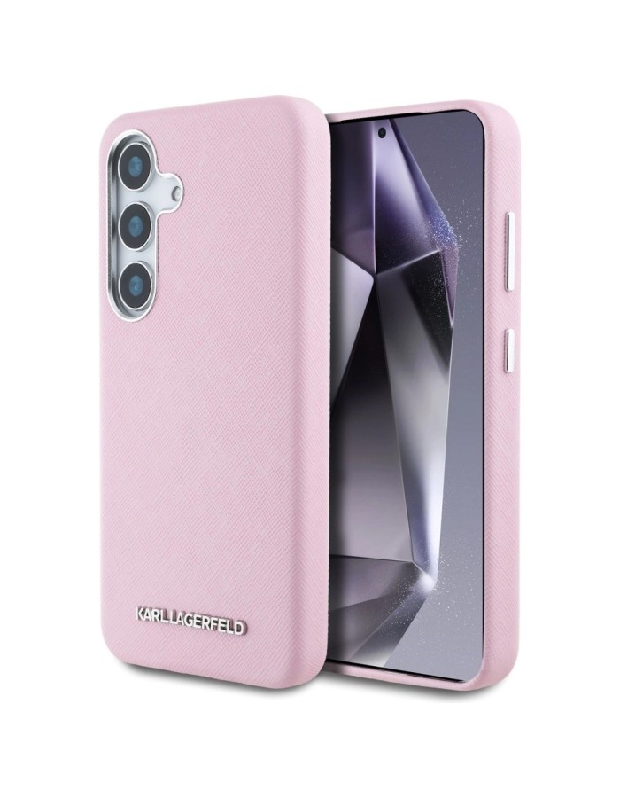 Karl Lagerfeld Saffiano Full Wrapped Elongated Metal Logo MagSafe Case for Samsung Galaxy S25+ - Pink