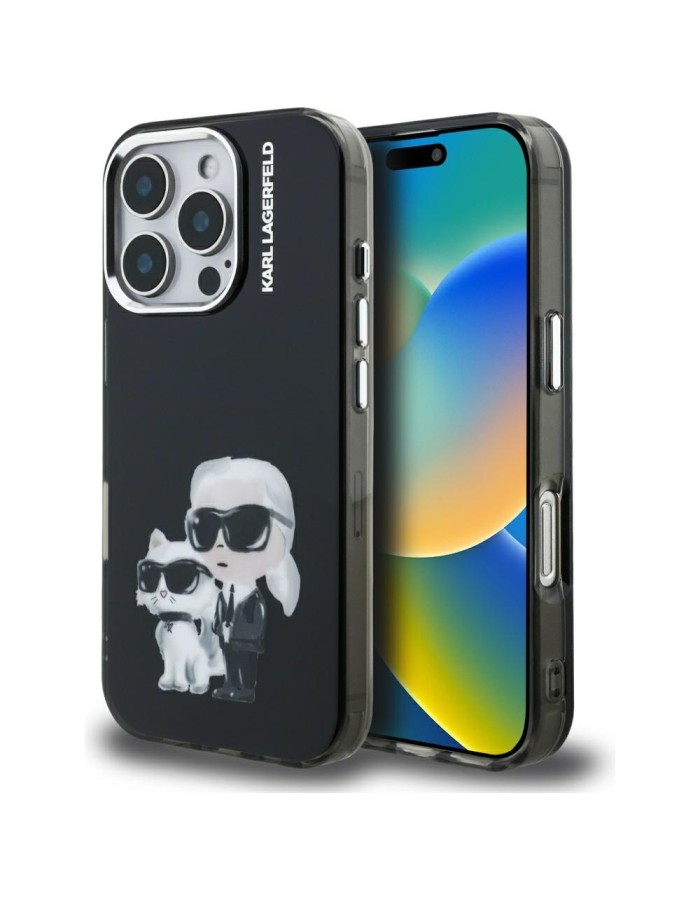 Karl Lagerfeld IML Aquarelle Karl &amp;amp; Choupette &amp;amp; Logo iPhone 16 Pro Case Black