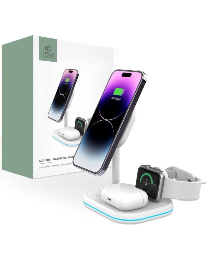 Tech-Protect QI15W-A27 3-in-1 inductive charger with MagSafe stand for smartphone / Apple Watch / AirPods - white Tech-Protect QI15W-A27 3-in-1 inductive charger with MagSafe stand for smartphone / Apple Watch / AirPods - white