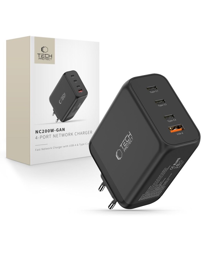 Tech-Protect NC200W-GaN 4-Port 200W Wall Charger - Black