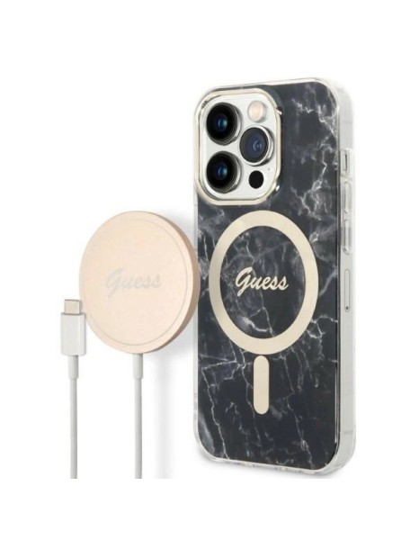 Set Guess GUBPP14LHMEACSK Case+ Charger iPhone 14 Pro 6.1" black/black hard case Marble MagSafe