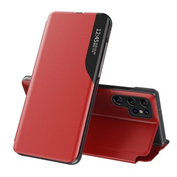 Eco Leather View Case for Samsung Galaxy S25 Ultra with Flip and Stand - Red Eco Leather View Case for Samsung Galaxy S25 Ultra with Flip and Stand - Red