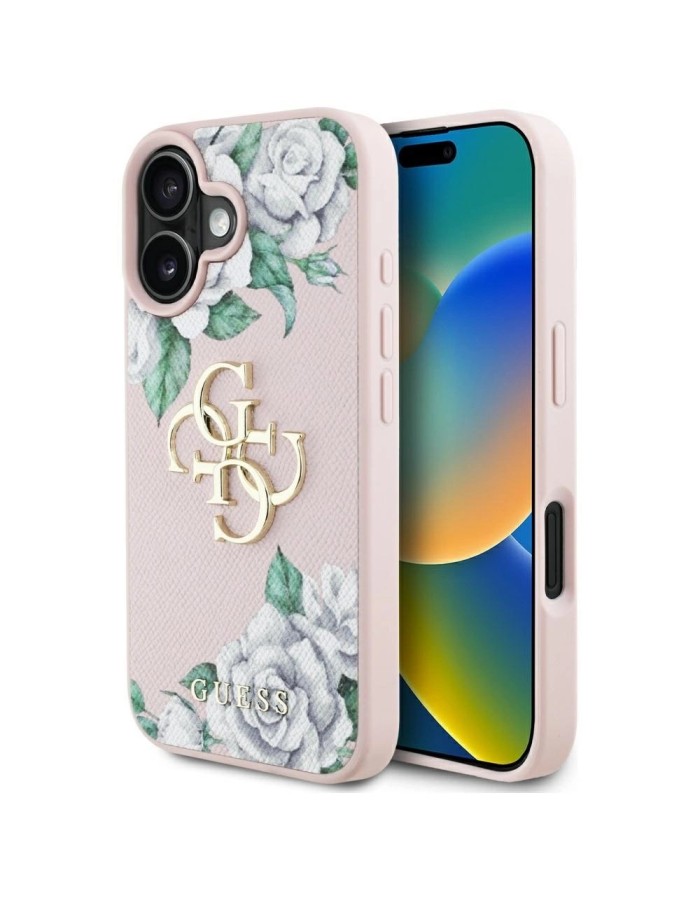 Guess Grained Roses Big 4G logo iPhone 16 case - pink Guess Grained Roses Big 4G logo iPhone 16 case - pink
