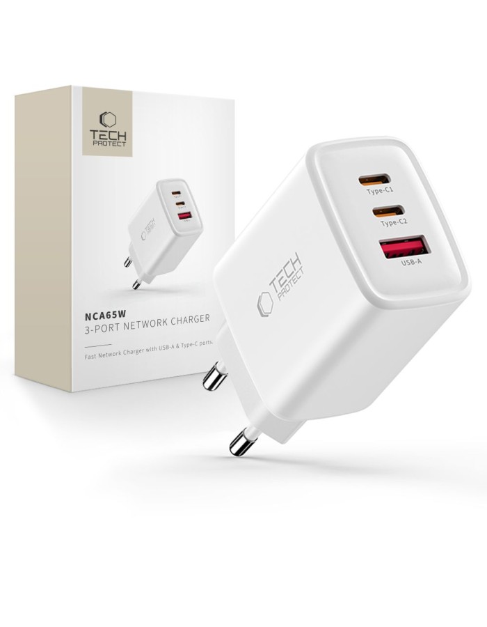 Tech-Protect NCA65W-GAN 3-Port 65W Wall Charger - White
