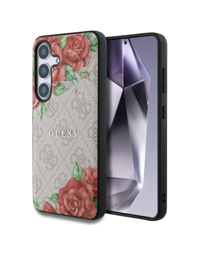 Guess Leather 4G Flowers Print Metal Classic Logo MagSafe Case for Samsung Galaxy S25 - Pink