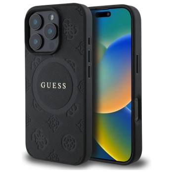 Guess Saffiano Peony Classic Logo MagSafe iPhone 16 Pro Case - Black