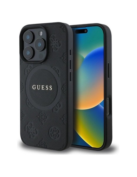 Guess Saffiano Peony Classic Logo MagSafe iPhone 16 Pro Case - Black Guess Saffiano Peony Classic Logo MagSafe iPhone 16 Pro Case - Black