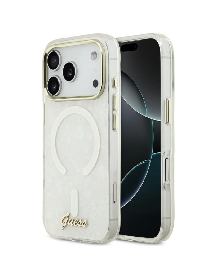 Guess IML Shell Script Metal MagSafe Case for iPhone 17 Pro Max - White