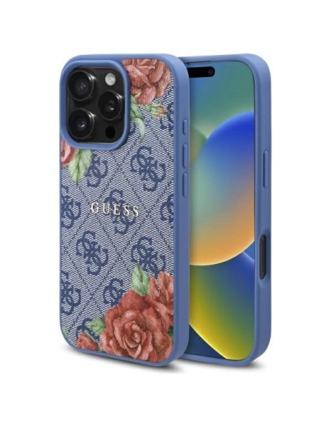 Guess 4G Flowers Print MagSafe case for iPhone 16 Pro - blue