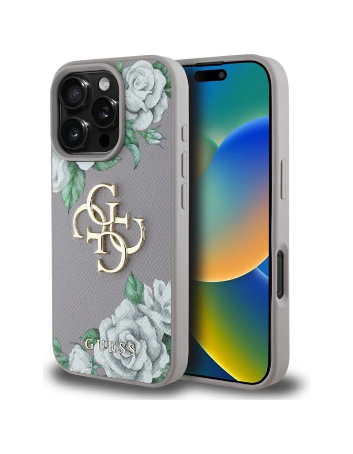 Guess Grained Roses Big 4G Logo iPhone 16 Pro Case - Purple