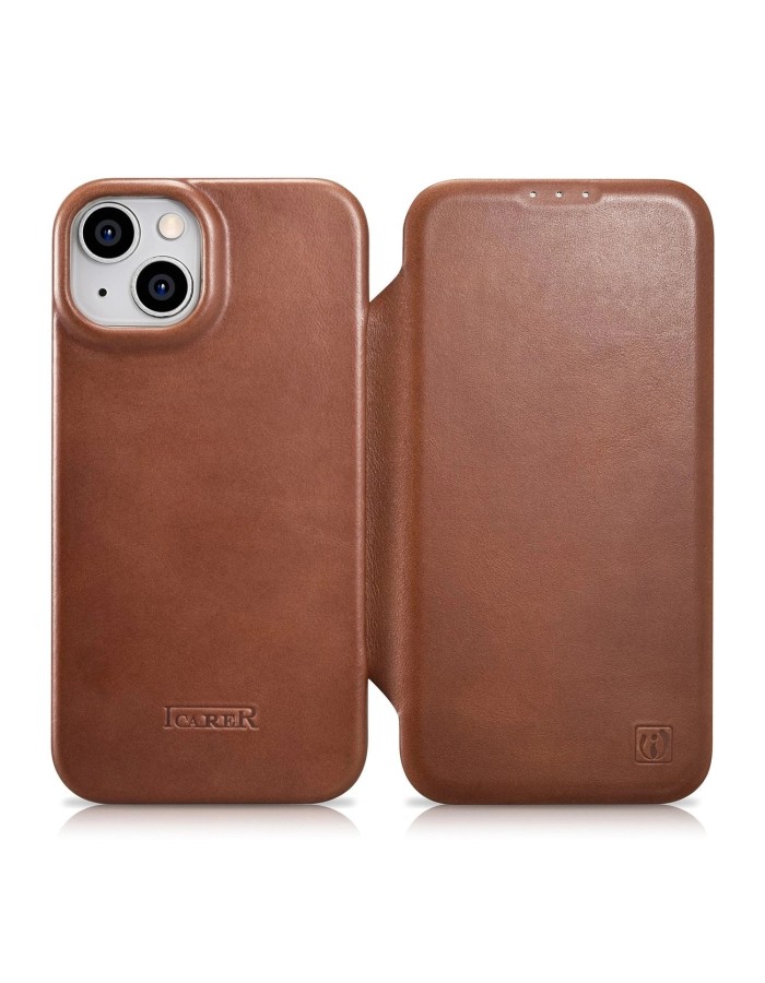iCarer CE Oil Wax Premium Leather Folio Case iPhone 14 Plus magnetic flip case MagSafe brown (AKI14220707-BN)