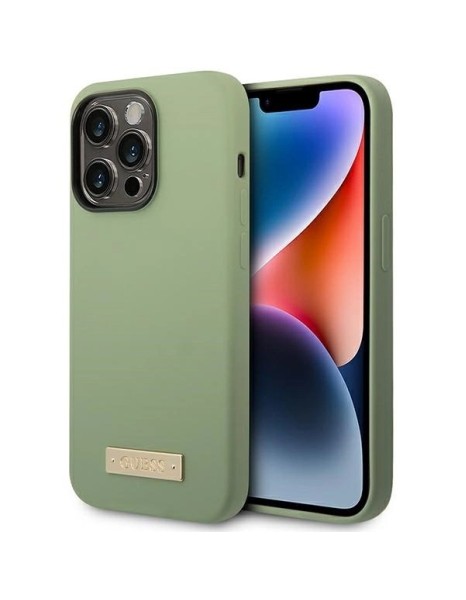 Guess Silicone Logo Plate MagSafe case for iPhone 14 Pro Max - green Guess Silicone Logo Plate MagSafe case for iPhone 14 Pro Max - green