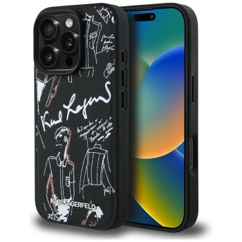 Karl Lagerfeld Grained Pattern &amp;amp; Logo MagSafe Case for iPhone 16 Pro Max - Black