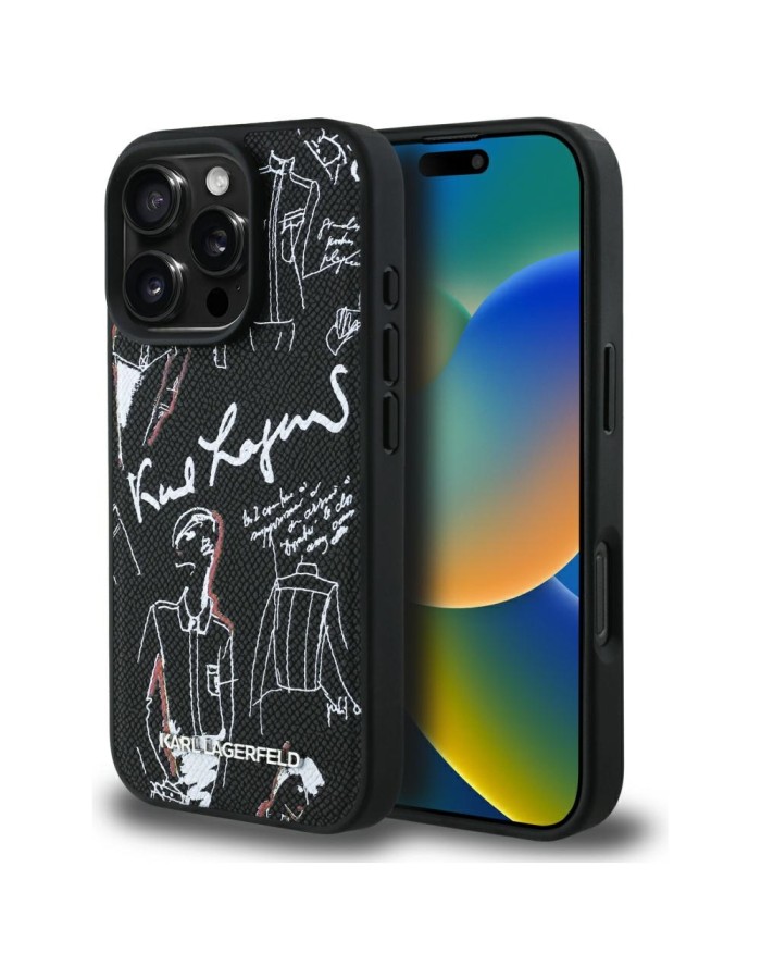 Karl Lagerfeld Grained Pattern &amp;amp; Logo MagSafe Case for iPhone 16 Pro Max - Black