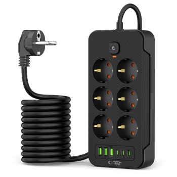 Tech-Protect PC6X6 Power Strip 6 Sockets 240V + 3xUSB-A + 3xUSB-C 200cm - Black Tech-Protect PC6X6 Power Strip 6 Sockets 240V + 3xUSB-A + 3xUSB-C 200cm - Black