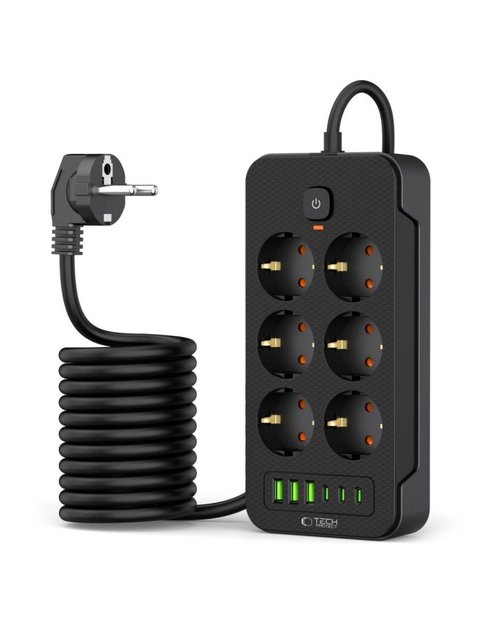 Tech-Protect PC6X6 Power Strip 6 Sockets 240V + 3xUSB-A + 3xUSB-C 200cm - Black