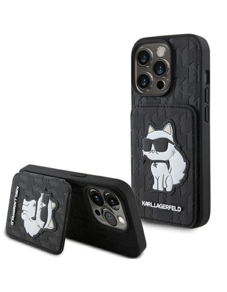 Karl Lagerfeld Saffiano Cardslots and Stand Monogram Choupette Case for iPhone 15 Pro Max - Black
