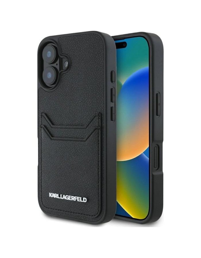Karl Lagerfeld HC Grained PU Cardslot Metal Elong iPhone 16 Case - Black