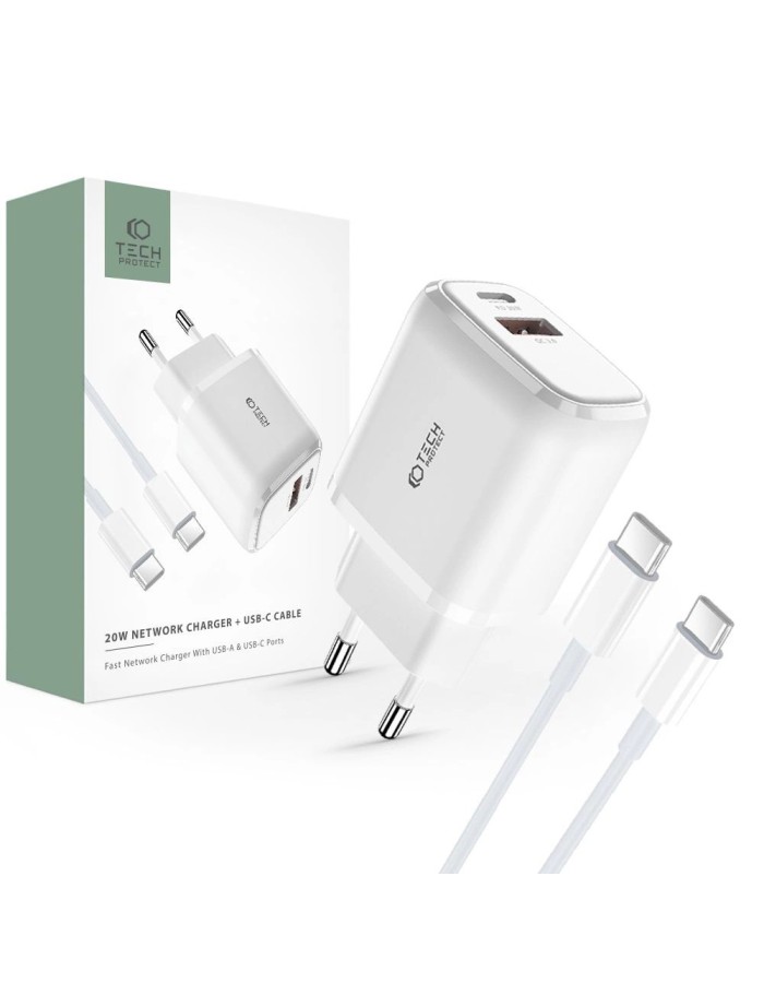 Tech-Protect C20W USB-C PD 20W / USB-A QC 3.0 charger with USB-C / USB-C cable - white