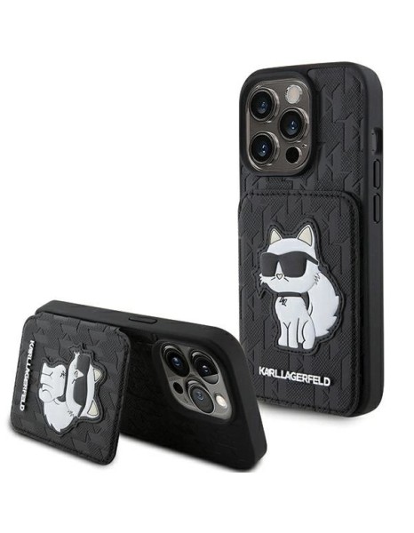 Karl Lagerfeld Saffiano Cardslots and Stand Monogram Choupette Case for iPhone 15 Pro - Black