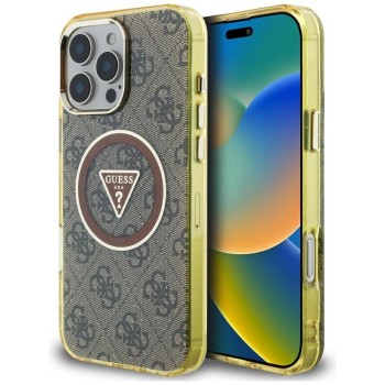 Guess IML Metal Glitter 4G Circle Triangle MagSafe Case for iPhone 16 Pro - Brown