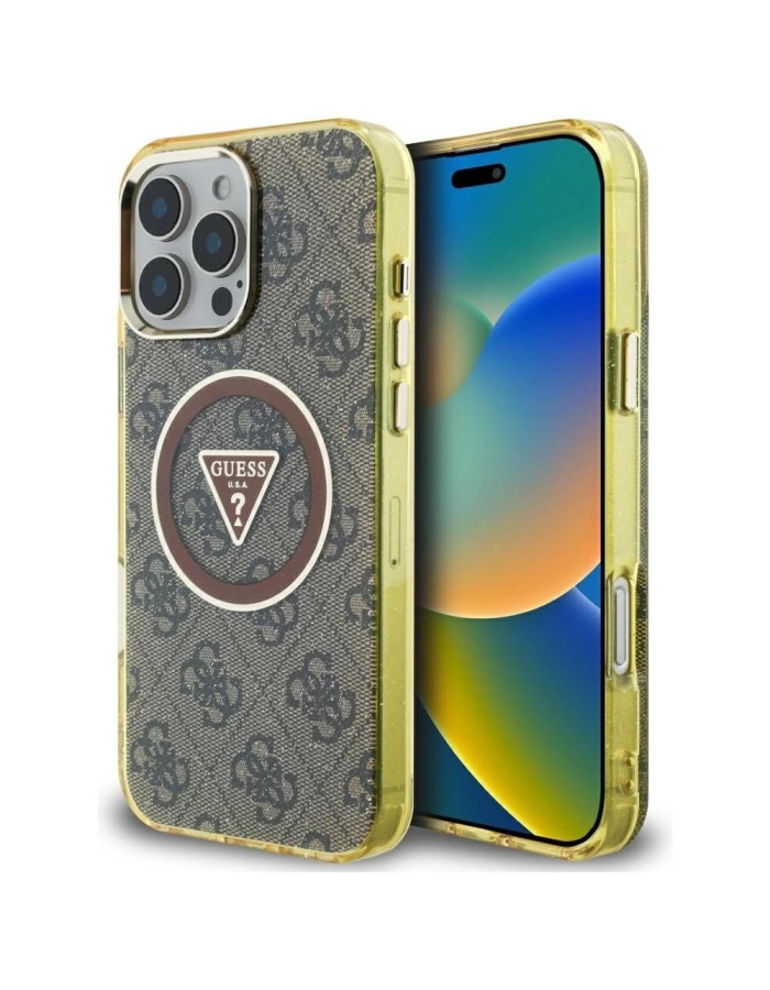 Guess IML Metal Glitter 4G Circle Triangle MagSafe Case for iPhone 16 Pro - Brown Guess IML Metal Glitter 4G Circle Triangle MagSafe Case for iPhone 16 Pro - Brown
