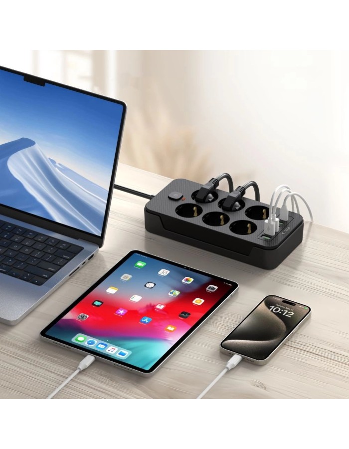 Tech-Protect PC6X6 Power Strip 6 Sockets 240V + 3xUSB-A + 3xUSB-C 200cm - Black