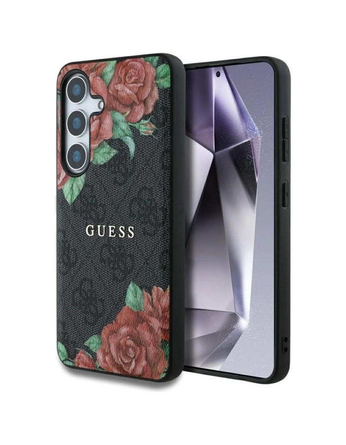 Guess Leather 4G Flowers Print Metal Classic Logo MagSafe Case for Samsung Galaxy S25 - Black Guess Leather 4G Flowers Print Metal Classic Logo MagSafe Case for Samsung Galaxy S25 - Black