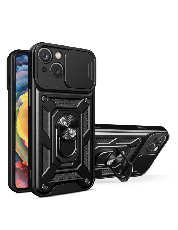 Hybrid Armor Camshield Case with Stand and Camera Cover for iPhone 15 Plus - Black
