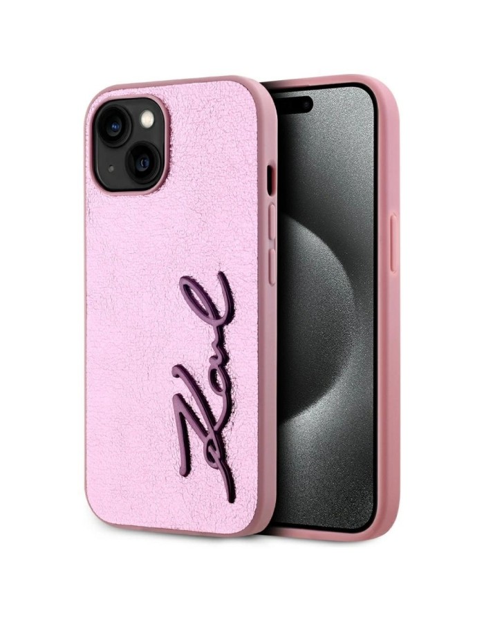 Karl Lagerfeld Wrinkled Metal Signature iPhone 15 Case - Pink