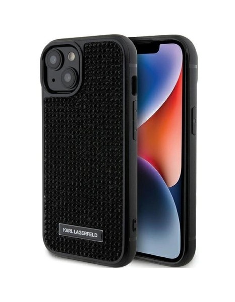 Karl Lagerfeld Rhinestone Logo Metal Plate case for iPhone 15 - black