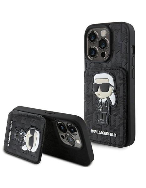 Karl Lagerfeld Saffiano Cardslots and Stand Monogram Ikonik Patch case for iPhone 15 Pro - black
