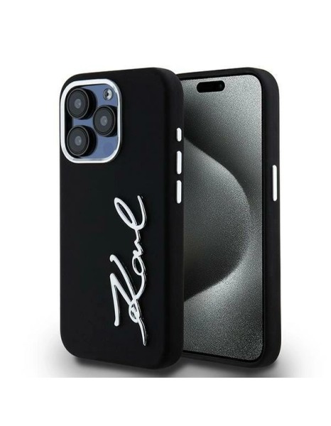 Karl Lagerfeld Silicone Metal Script Logo iPhone 15 Pro Max Case - Black