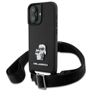 Karl Lagerfeld Saffiano Karl&amp;amp;Choupette Metal Pin CBDY Strap iPhone 16 Case - Black